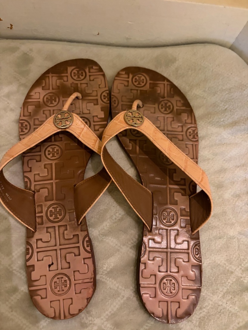 Tory Burch Tan and Brown Logo Leather Thong Sandals